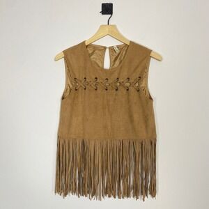 Raga Anthropologie‎ Suede Fringe Vest Small Lace Up Boho Festival Sleeveless Top